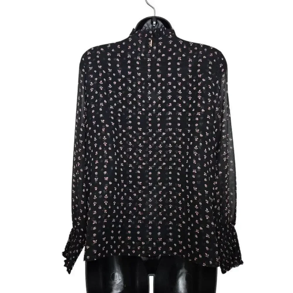 MISA Los Angeles Ruffle Button-Up Blouse Size Medium Black Floral Viscose